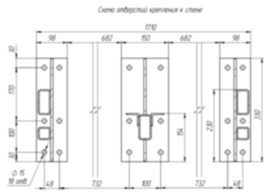Схема отверстий крепления парящей кровати к стене — разметка под 18 химических анкеров